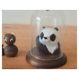 Lot of (5) Vintage Figurines - Panda Bear with Real Fur Covered Wood Figurine with wood base and glass cover, Mid century Modern Teal Wood Cat Family Danish Style 4" long Set of 4