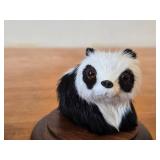 Lot of (5) Vintage Figurines - Panda Bear with Real Fur Covered Wood Figurine with wood base and glass cover, Mid century Modern Teal Wood Cat Family Danish Style 4" long Set of 4