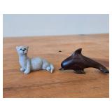 Lot of (2) Figurines - Hand Carved Dark Wood Dolphin Figurine (possible Rosewood) 3-1/2", Quarry Critters Opie Otter Figurine by Second Nature Design made of faux stone/resin