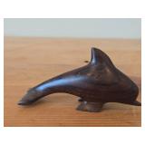 Lot of (2) Figurines - Hand Carved Dark Wood Dolphin Figurine (possible Rosewood) 3-1/2", Quarry Critters Opie Otter Figurine by Second Nature Design made of faux stone/resin