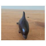 Lot of (2) Figurines - Hand Carved Dark Wood Dolphin Figurine (possible Rosewood) 3-1/2", Quarry Critters Opie Otter Figurine by Second Nature Design made of faux stone/resin