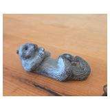 Lot of (2) Vintage Figurines - Wolf Original Floating Otter Figurine Black Soapstone (Canada) 4" long, Japanese Netsuka Miniature Rabbit Figurine 2" long