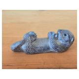 Lot of (2) Vintage Figurines - Wolf Original Floating Otter Figurine Black Soapstone (Canada) 4" long, Japanese Netsuka Miniature Rabbit Figurine 2" long