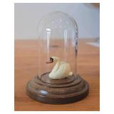 Vintage Hand Carved Handpainted Wooden Swan Figurine Enclosed in Plastic Dome with Wood Base