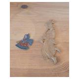 Lot of (2) Vintage Figurines - Flat Pewter Christmas Ornament Depicting an Angel Blowing a Horn (by Kathe Wohlfahart in Germany) 2-1/4" tall, Hand Carved Hindu Deity Lord Krishna Playing a Flute 7" ta