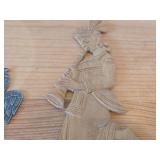 Lot of (2) Vintage Figurines - Flat Pewter Christmas Ornament Depicting an Angel Blowing a Horn (by Kathe Wohlfahart in Germany) 2-1/4" tall, Hand Carved Hindu Deity Lord Krishna Playing a Flute 7" ta