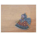 Lot of (2) Vintage Figurines - Flat Pewter Christmas Ornament Depicting an Angel Blowing a Horn (by Kathe Wohlfahart in Germany) 2-1/4" tall, Hand Carved Hindu Deity Lord Krishna Playing a Flute 7" ta