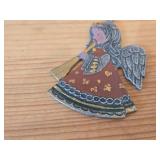 Lot of (2) Vintage Figurines - Flat Pewter Christmas Ornament Depicting an Angel Blowing a Horn (by Kathe Wohlfahart in Germany) 2-1/4" tall, Hand Carved Hindu Deity Lord Krishna Playing a Flute 7" ta