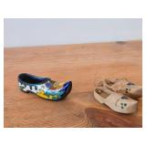 Lot of (2) Miniature Handpainted Clog From Gouda Pottery (Holland) 4-1/2" long, Pair of Miniature Dutch Wooden Shoes Klompen 3" long