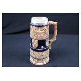 Beer Stein - Japanese Ceramic with Ornate Relief Pattern and Navy Blue Bands