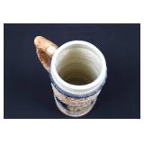 Beer Stein - Japanese Ceramic with Ornate Relief Pattern and Navy Blue Bands
