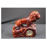 Ceramic Lion Clock Figurine on Rock Base - Glossy Red-Brown Glaze