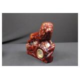 Ceramic Lion Clock Figurine on Rock Base - Glossy Red-Brown Glaze