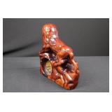 Ceramic Lion Clock Figurine on Rock Base - Glossy Red-Brown Glaze