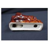 Ceramic Lion Clock Figurine on Rock Base - Glossy Red-Brown Glaze