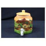 Hand-Painted Ceramic Spigot Jar with Lid - Tropical Village Scene
