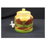 Hand-Painted Ceramic Spigot Jar with Lid - Tropical Village Scene
