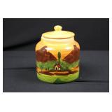 Hand-Painted Ceramic Spigot Jar with Lid - Tropical Village Scene