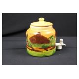 Hand-Painted Ceramic Spigot Jar with Lid - Tropical Village Scene