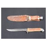 Pair of Antler-Handled Hunting Knives with Leather Sheath