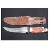 Pair of Antler-Handled Hunting Knives with Leather Sheath