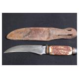 Pair of Antler-Handled Hunting Knives with Leather Sheath