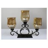 Three-Arm Wrought Iron Candelabra with Amber Glass Shades