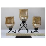 Three-Arm Wrought Iron Candelabra with Amber Glass Shades