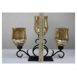 Three-Arm Wrought Iron Candelabra with Amber Glass Shades