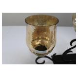 Three-Arm Wrought Iron Candelabra with Amber Glass Shades