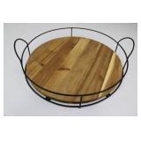 Round Wooden Serving Tray - Black Metal Wire Frame Stand
