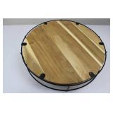 Round Wooden Serving Tray - Black Metal Wire Frame Stand