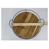 Round Wooden Serving Tray - Black Metal Wire Frame Stand