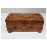 Vintage Carved Wooden Jewelry Box with Landscape Inlay & Interior Mirror