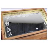 Vintage Carved Wooden Jewelry Box with Landscape Inlay & Interior Mirror