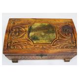 Vintage Carved Wooden Jewelry Box with Landscape Inlay & Interior Mirror