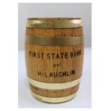 First State Bank of McLaughlin Barrel Coin Bank - Wooden Barrel with Slot
