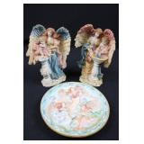 Angel Figurines (Pair) with Pedestal Plate - 8.5 in tall, 5.5 in wide