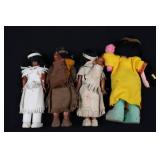 4-Piece Native American Fringe Dolls - Beaded Cloth Outfits, Made in Japan
