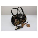 Vintage 1950s Floral Tapestry Purse - Derringer Lighter, Wooden Pipe, Indian Head Match Safe