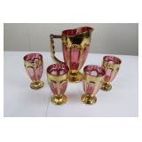 Pink & Gold Carnival Glass Pitcher with 5 Goblets - 6-Piece Set