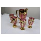 Pink & Gold Carnival Glass Pitcher with 5 Goblets - 6-Piece Set