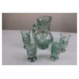 Green Glass Pitcher with Palm Tree Etching & 4 Matching Glasses