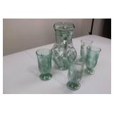 Green Glass Pitcher with Palm Tree Etching & 4 Matching Glasses