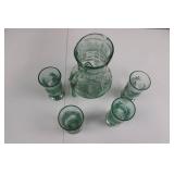 Green Glass Pitcher with Palm Tree Etching & 4 Matching Glasses