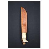 Knife - Bone-Handled with Leather Sheath, Engraved Pattern