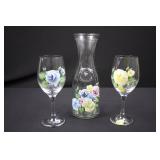 Hand-Painted Floral Glass Decanter with 2 Rose Wine Glasses