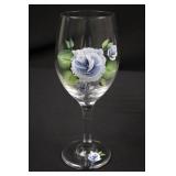 Hand-Painted Floral Glass Decanter with 2 Rose Wine Glasses