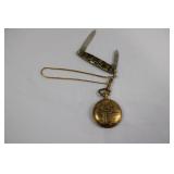 Pocket Watch Fob with Dual-Blade Knife & Chain, Gold Tone