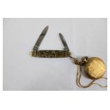 Pocket Watch Fob with Dual-Blade Knife & Chain, Gold Tone